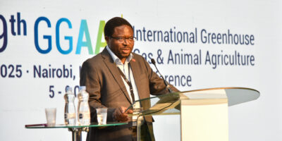 Professor Appolinaire Djikeng, the Director General of the International Livestock Research Institute (ILRI) addresses delegates during the opening ceremony of the 9th Greenhouse Gas & Animal Agricultural Conference in Nairobi, Kenya.